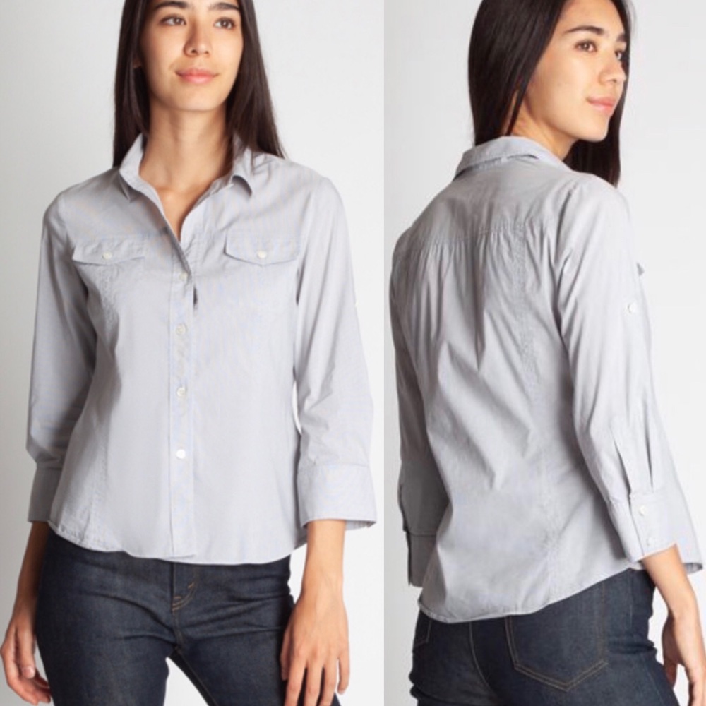THEORY Linen-Blend Button Down Shirt Grey Sz M